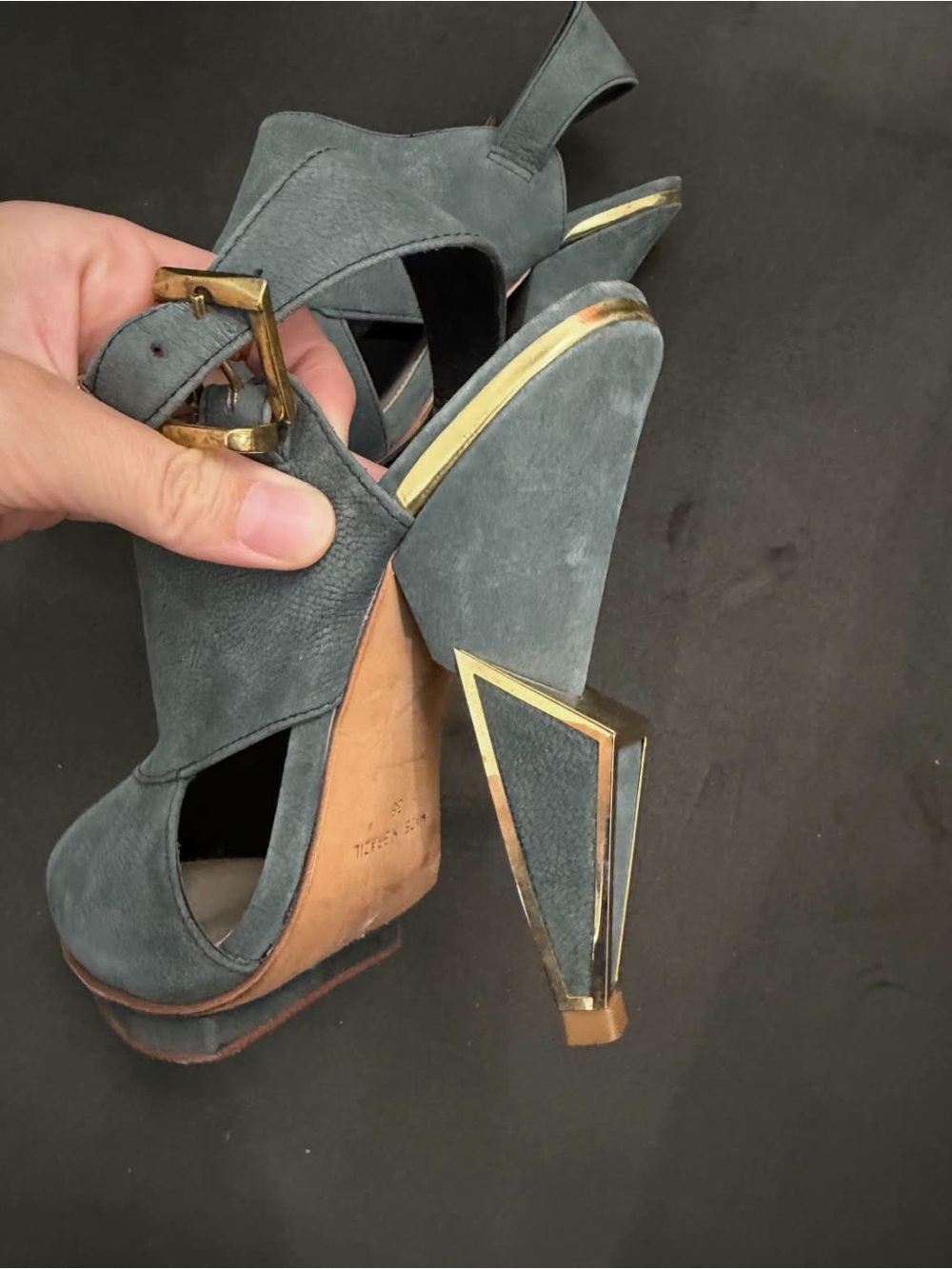 Topshop Gray Suede Geometric Block Heel Sandals with Gold Trim